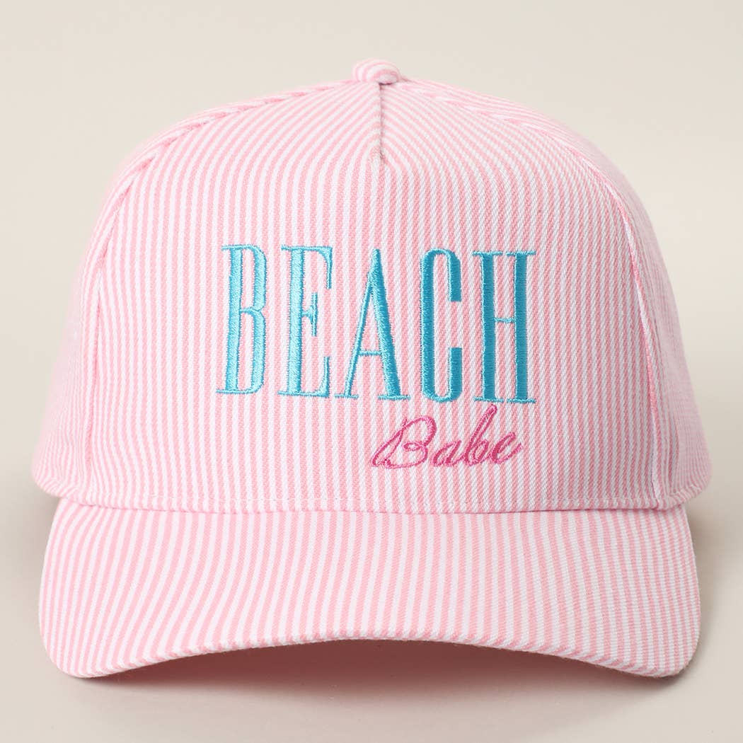 BEACH BABE Embroidered Seersucker Stripe Trucker Hat