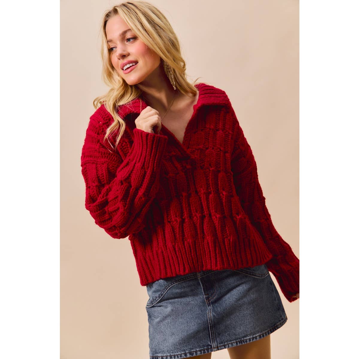 COZY TEXTURED COLLARED SWEATER TOP