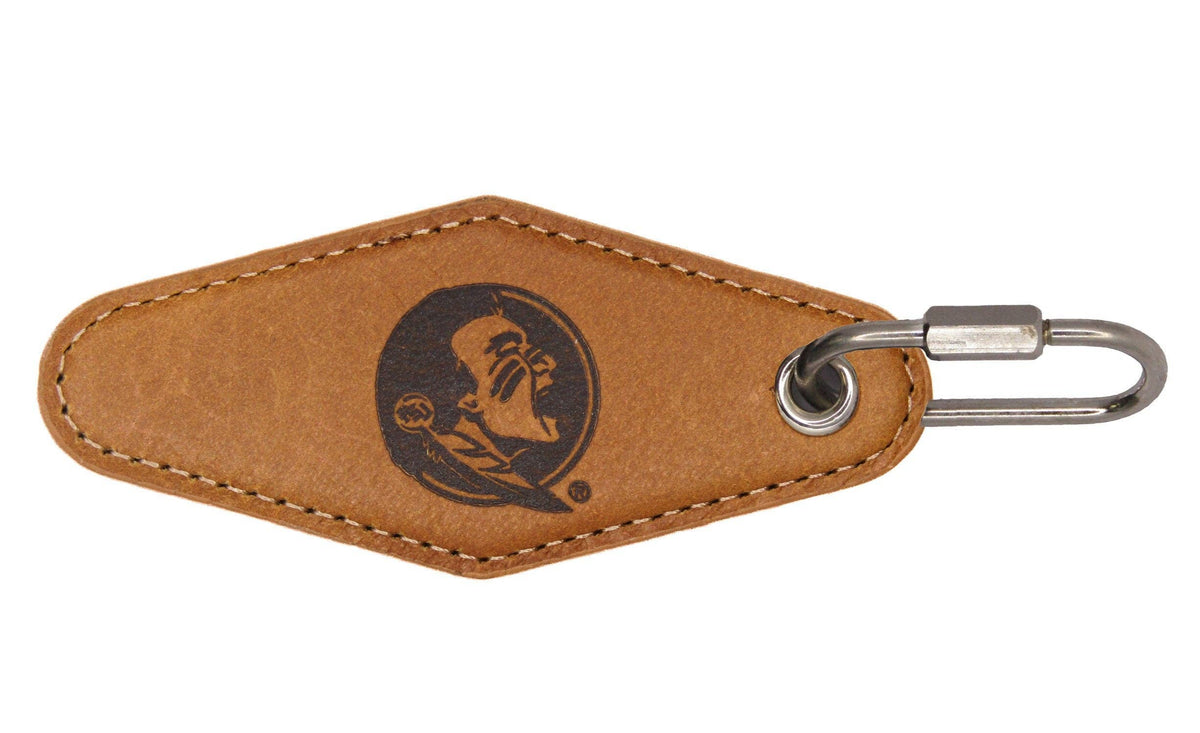 FSU Seminoles Collegiate Vintage Full Grain Leather Key Fob. Brown Burnished and Tan Embossed Key Ring.