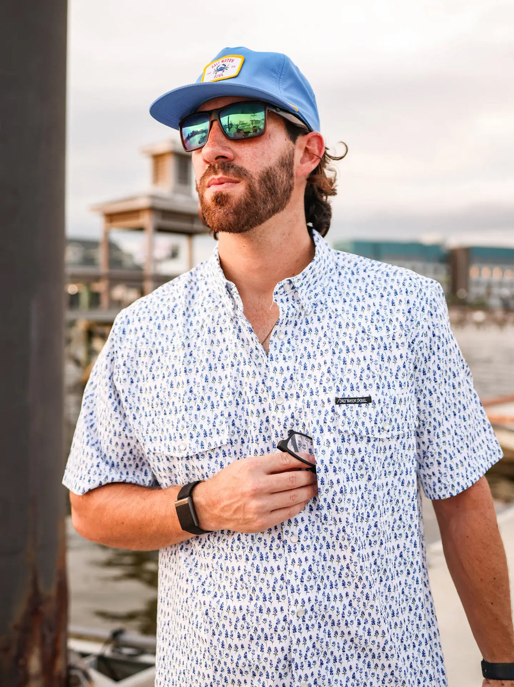Blue Bonnet Pearl Snap Fishing Shirt