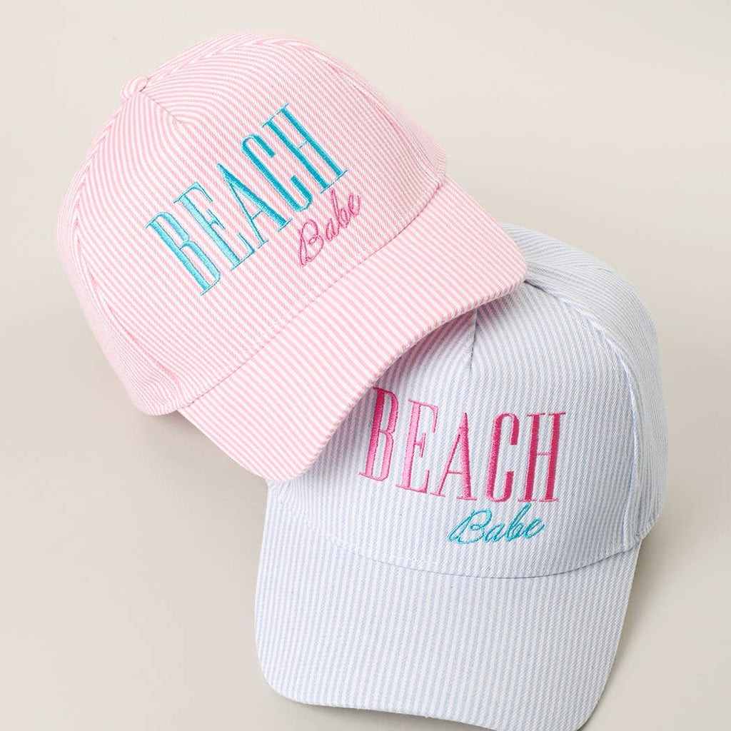 BEACH BABE Embroidered Seersucker Stripe Trucker Hat
