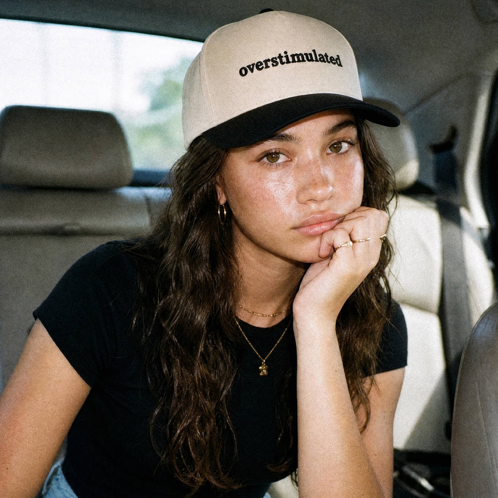 OVERSTIMULATED Letter Embroidered Two Tone Trucker Cap