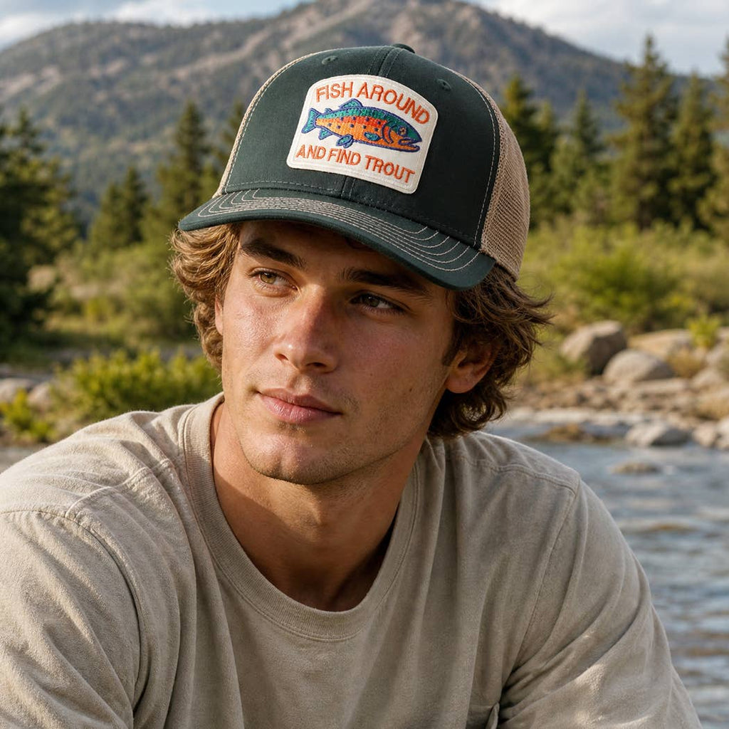 FISH AROUND AND FIND TROUT Embroidered Patch Trucker Hat