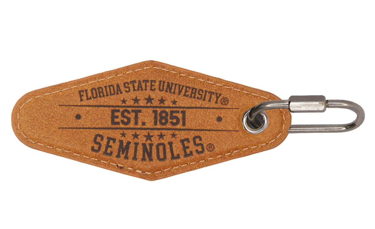 FSU Seminoles Collegiate Vintage Full Grain Leather Key Fob. Brown Burnished and Tan Embossed Key Ring.
