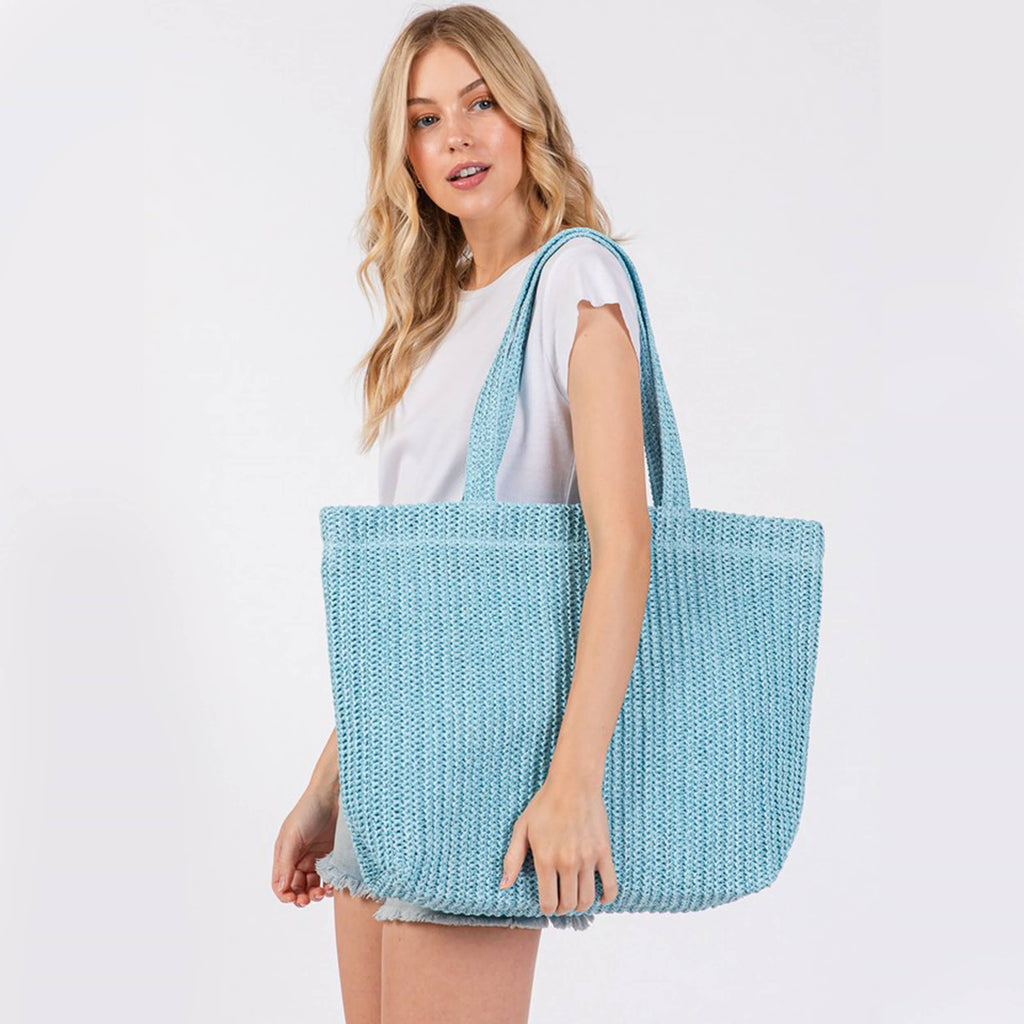 Solid Color Crochet Summer Straw Tote Bag