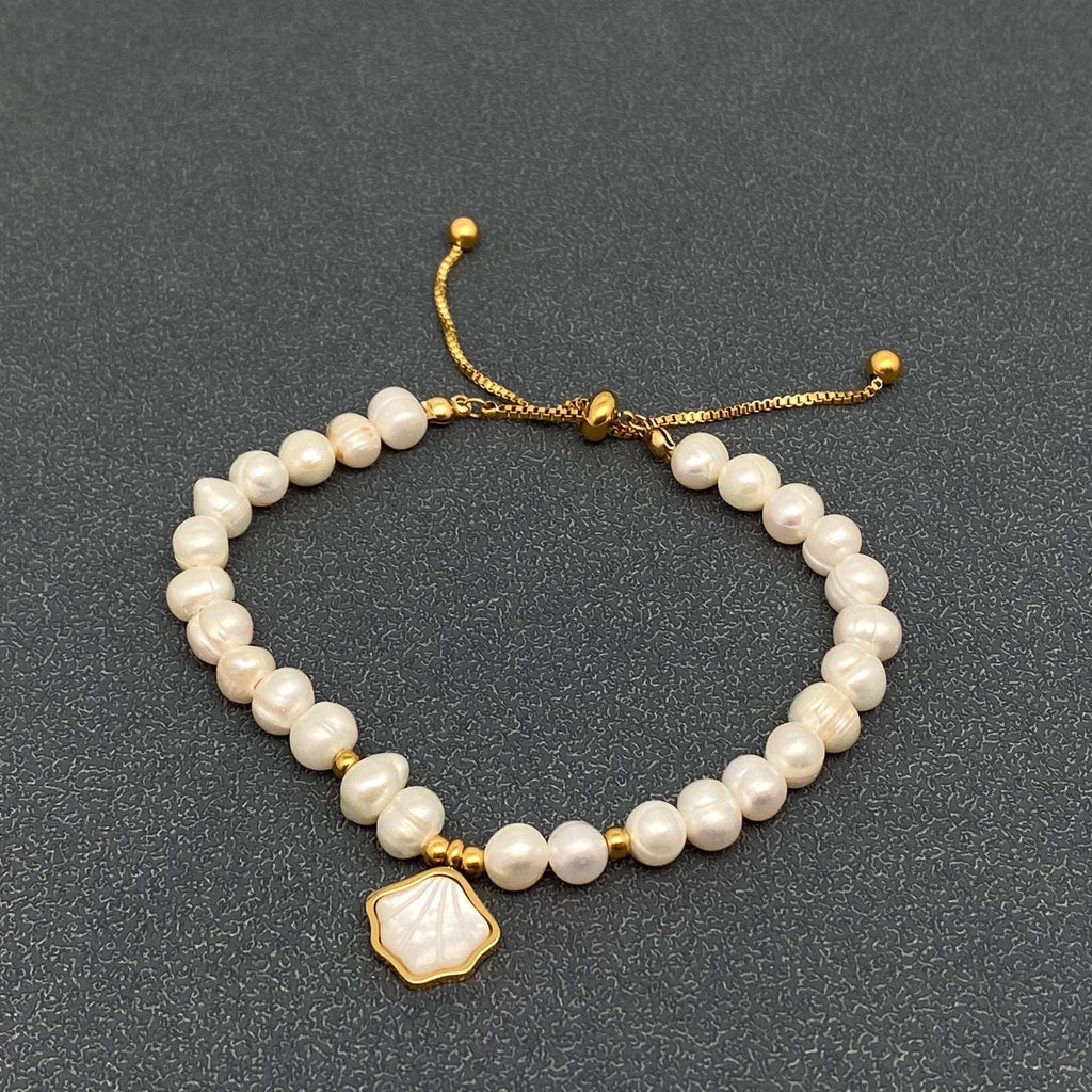 18K Gold Plated Shell Charm Pearl Beaded Bracelet