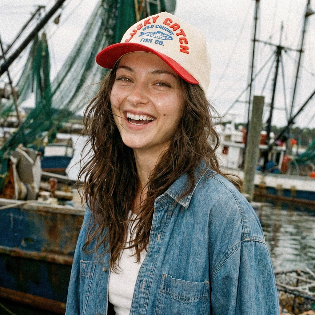 LUCKY CATCH Embroidered Letter on Two Tone Trucker Hat
