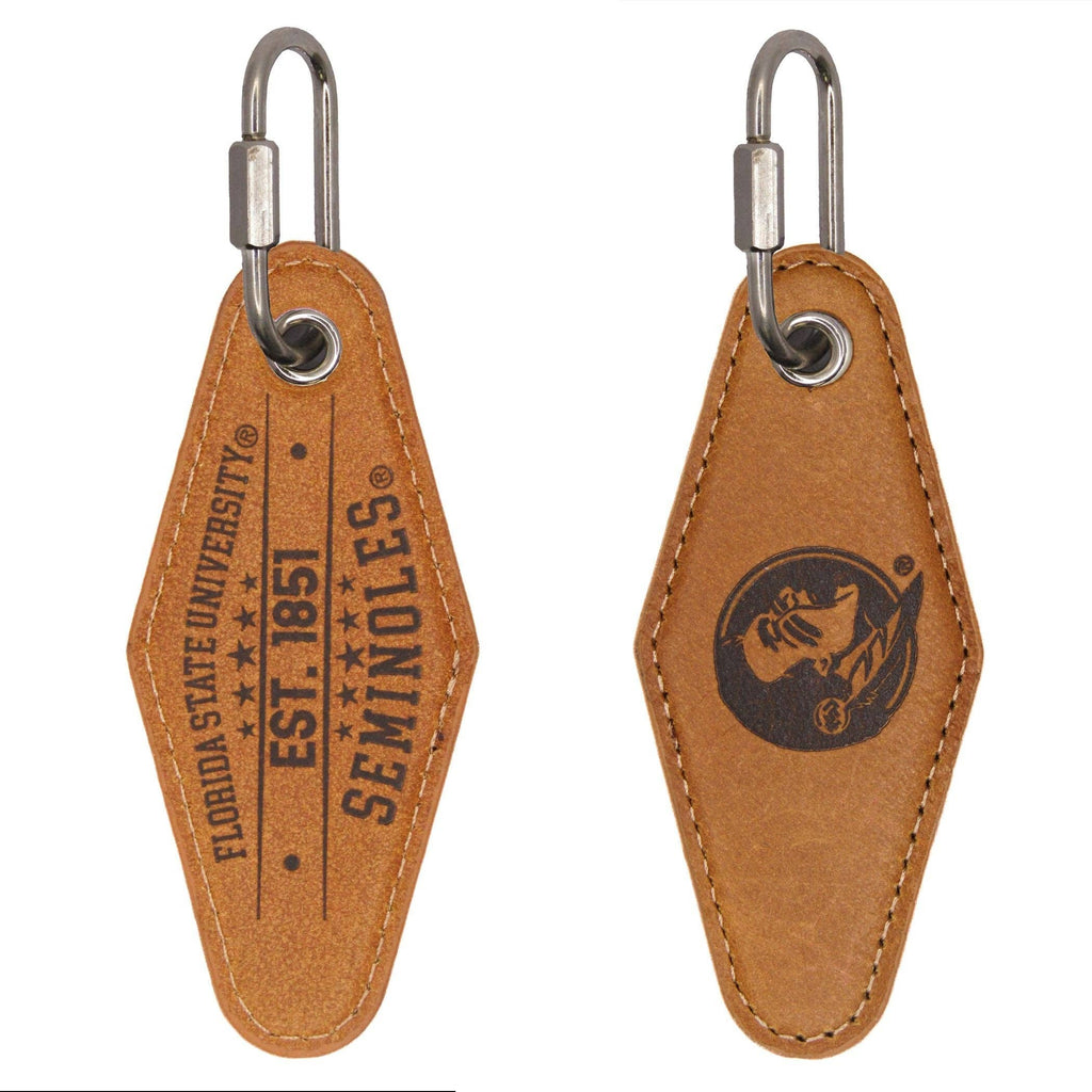 FSU Seminoles Collegiate Vintage Full Grain Leather Key Fob. Brown Burnished and Tan Embossed Key Ring.