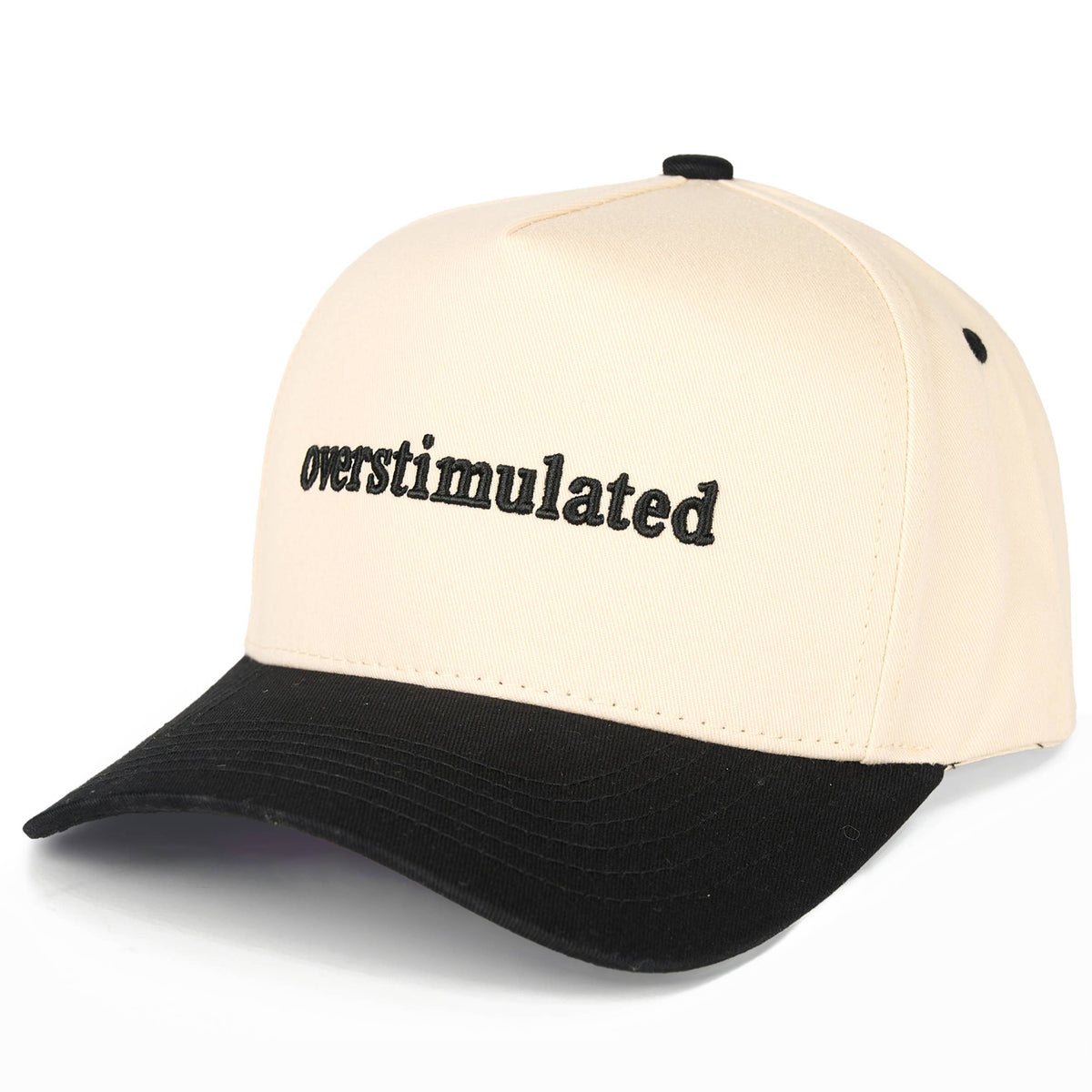 OVERSTIMULATED Letter Embroidered Two Tone Trucker Cap