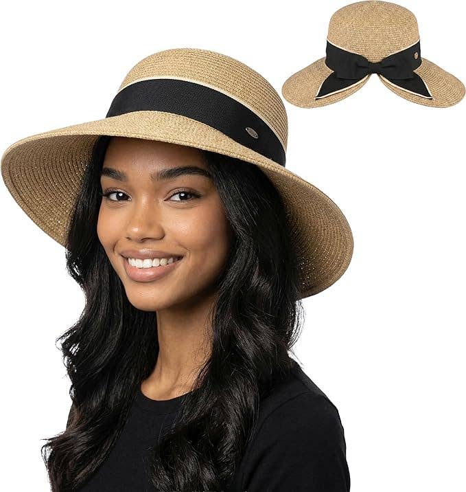 Wide Brim Sun Hat - Split Back Bow - Natural