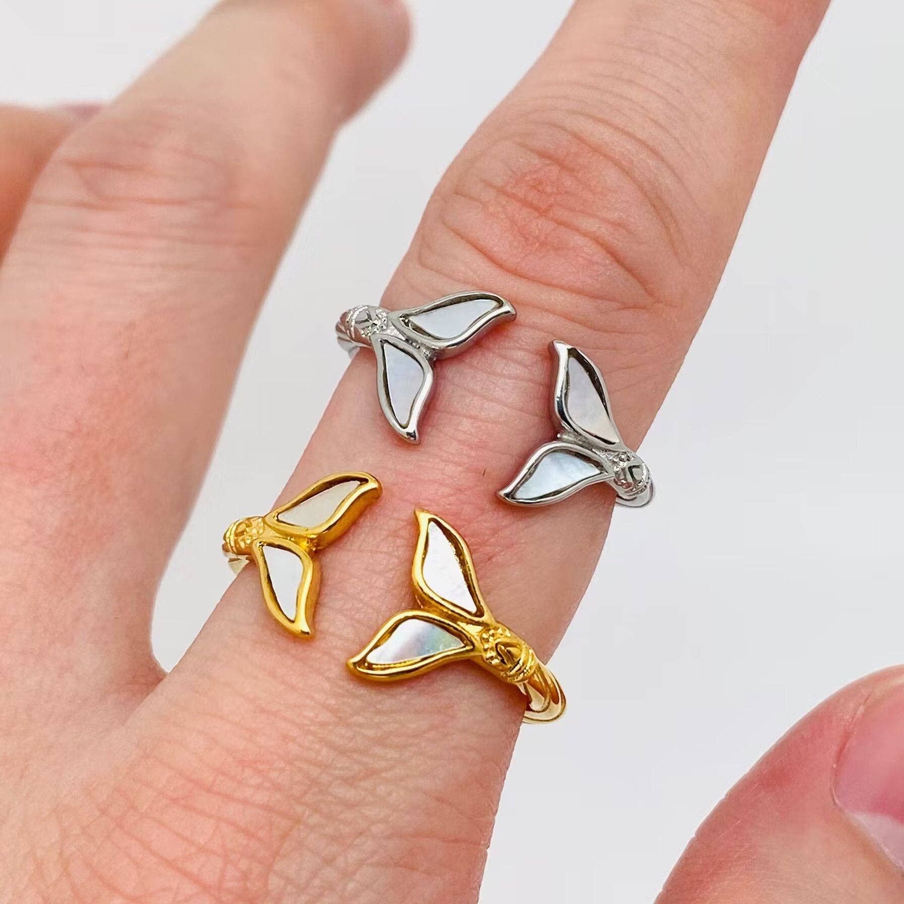 Inlaid Shell Fishtail Stainless Steel Ring