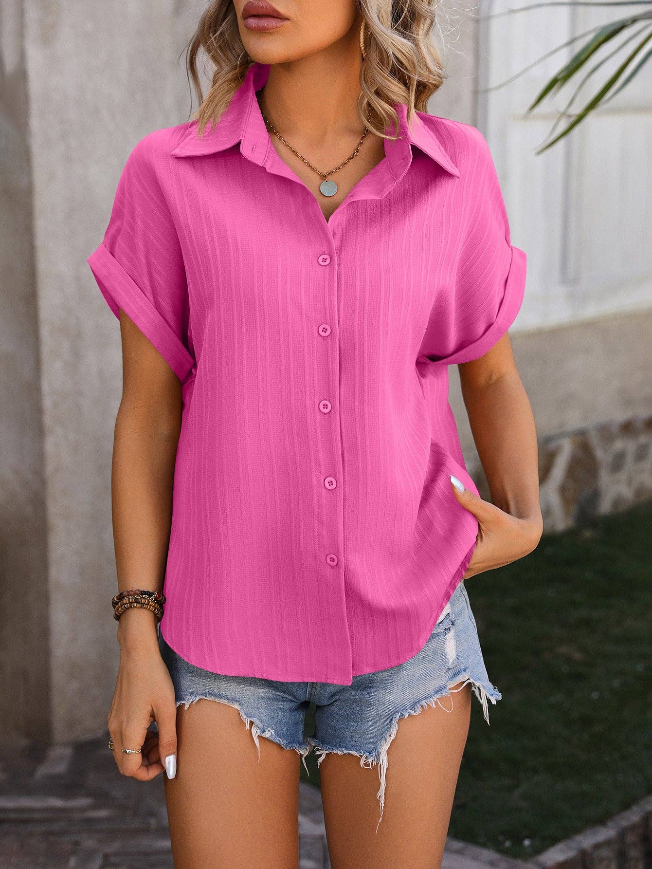 Black Button Up Blouse Women Collared Short Sleeve Top