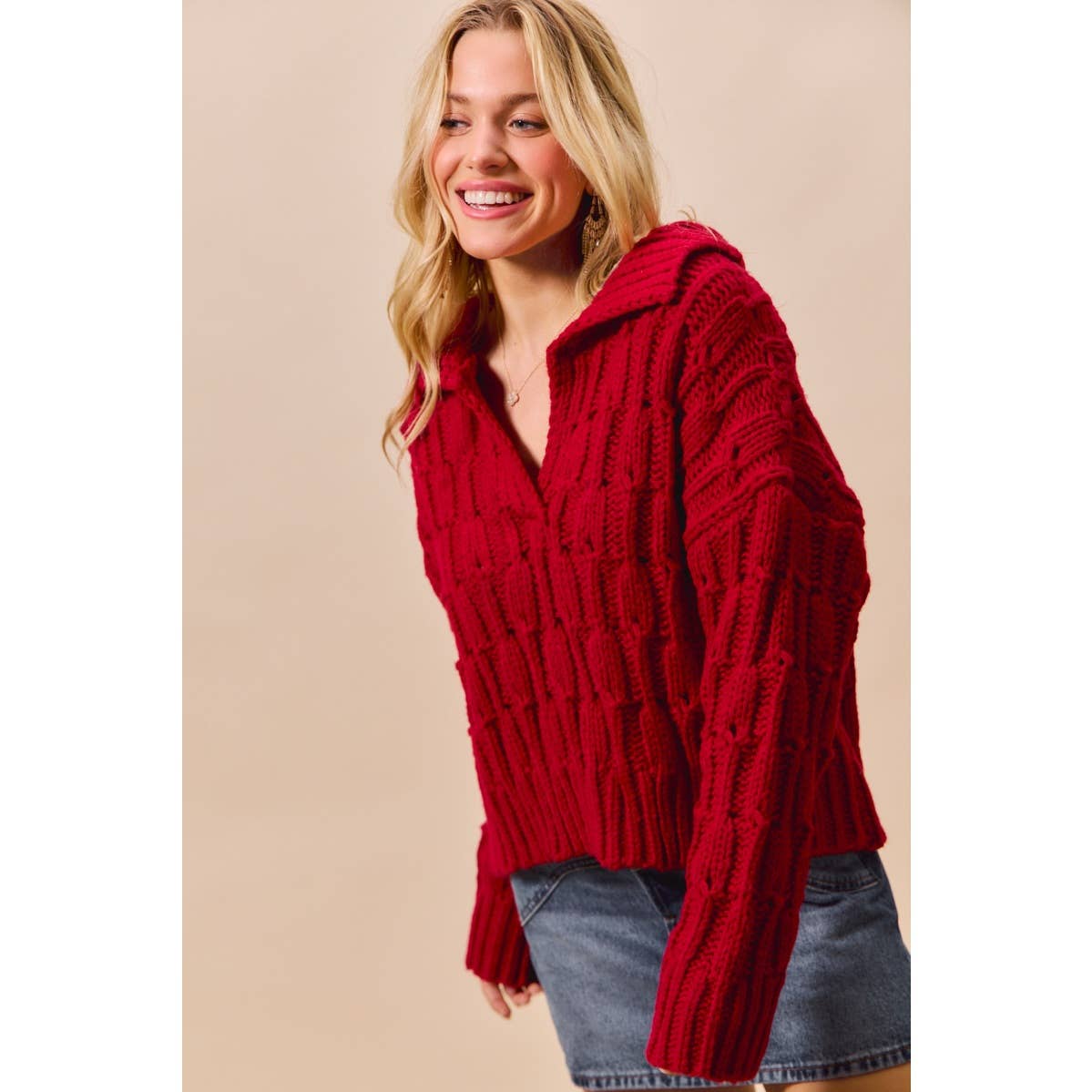 COZY TEXTURED COLLARED SWEATER TOP