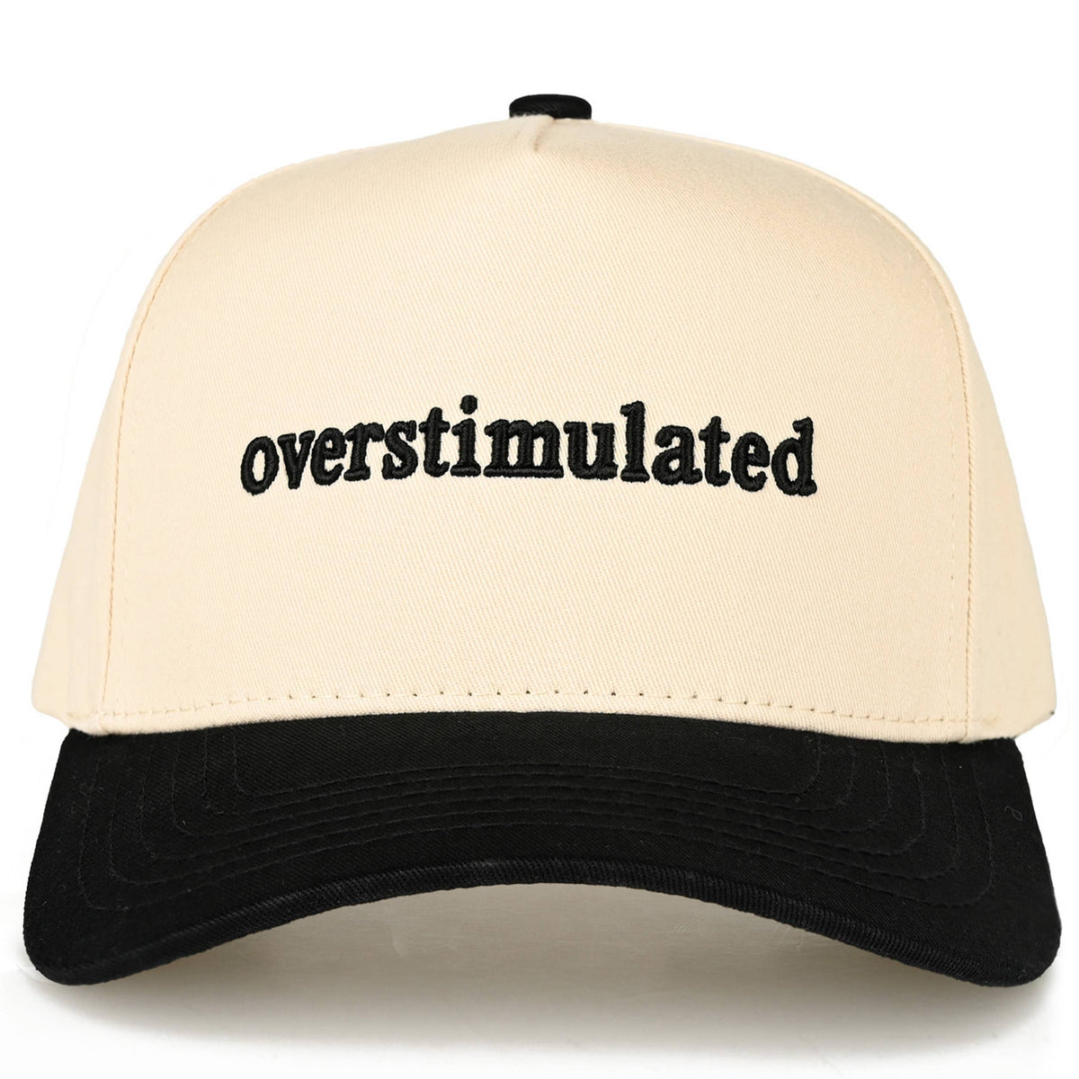 OVERSTIMULATED Letter Embroidered Two Tone Trucker Cap