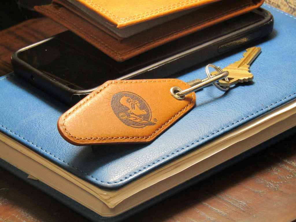 FSU Seminoles Collegiate Vintage Full Grain Leather Key Fob. Brown Burnished and Tan Embossed Key Ring.