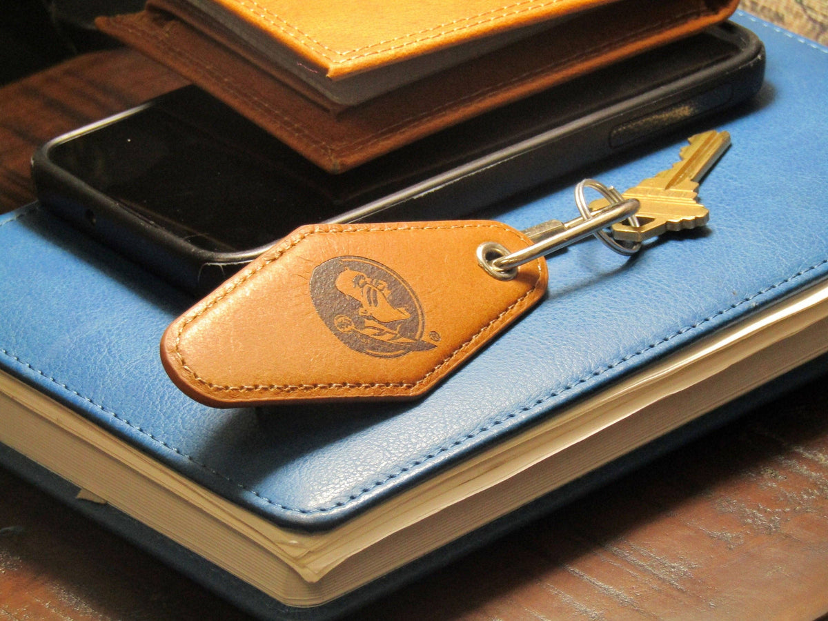 FSU Seminoles Collegiate Vintage Full Grain Leather Key Fob. Brown Burnished and Tan Embossed Key Ring.